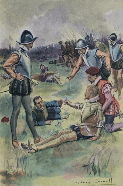 フィリップシドニー卿、1586年のオランダ、ズトフェンの戦いで負傷した兵士に水を提供 作： English School
