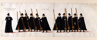 サー・ウォルター・ローリー、警備隊長、そして警備員。 1603 年 4 月 28 日、ウェストミンスター寺院に向かう女王エリザベス 1 世の葬列の一部。 作： English School