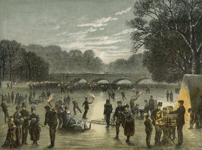 ロンドンのハイドパークでのスケート、1850年頃（黒と3色の明暗法の木版画） 作： English School