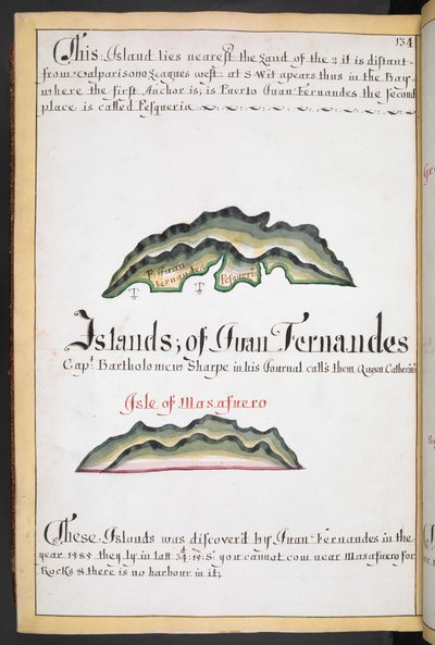 Sloane MS 44, f.269v, ウィリアム・ハックの南海の船乗りのフアン・フェルナンデスの地図 作： English School