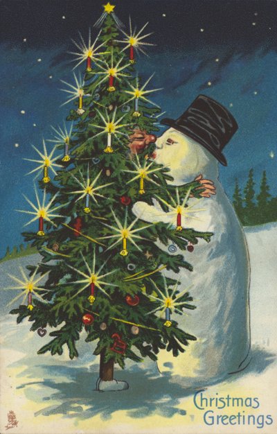 雪だるまとクリスマスツリーのキス (chromolitho) 作： English School