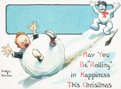 雪だるまの丘の中、雪だるまの中の少年を押すクリスマスカード 作： English School
