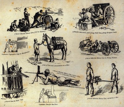 1886年4月10日のグラフィックの陸軍および海軍で現在使用されているノルデンフェルト銃のいくつかの種類 作： English School