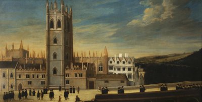 フォアグラウンドに多数の人物がいるマグダレンの南正面、1650年頃 作： English School