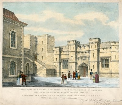 1840-41年に建てられたロンドン塔のニュージュエルハウスの南西ビュー 作： English School