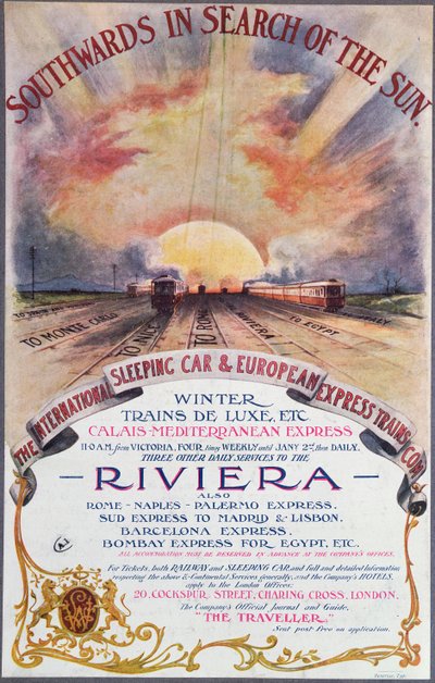 南向きの太陽、フレンチリビエラへの国際寝台列車のサービスを宣伝するポスター、1910年頃 作： English School