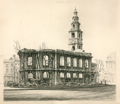 セントメアリールストランド、ロンドン、鉛筆画、1942年 作： English School