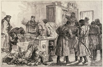 サンクトペテルブルクの警察、ニヒリスト印刷機を発見、1887年4月16日、「The Illustrated London News」より 作： English School