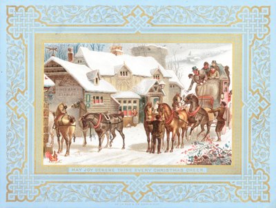 駅馬車と公共の家の外の馬、クリスマスカード 作： English School