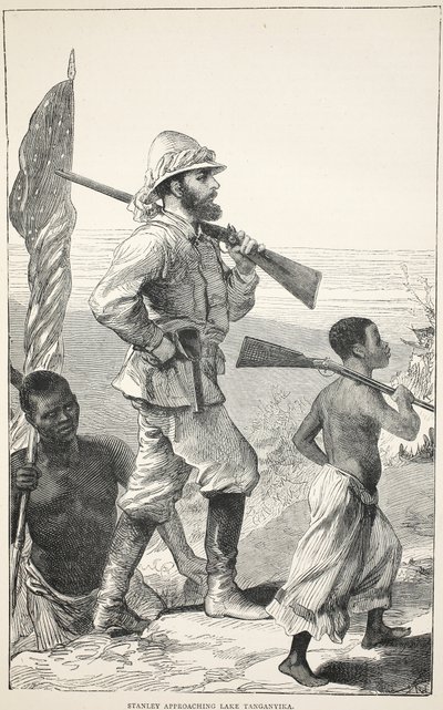 タンガニーカ湖に近づくスタンリー、J。ユーイングリッチー著「The Pictorial Edition of the Life and Discoveries of David Livingstone」のイラストA. Fullarton＆Co.、1876年 作： English School