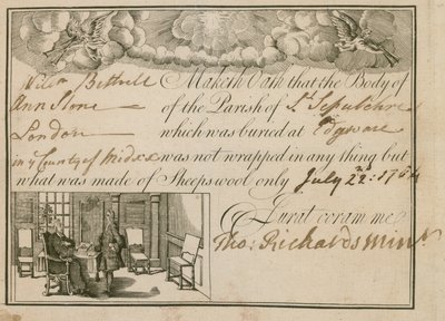 アン・スローンが羊の毛に埋葬されたとの声明、1784 作： English School