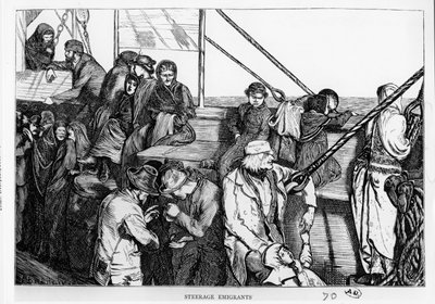 ヨーロッパから新世界への旅客船の甲板で移民を操縦、1870年頃 作： English School