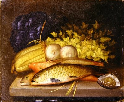 魚の静物画、1840年頃（油彩・キャンバス） 作： English School