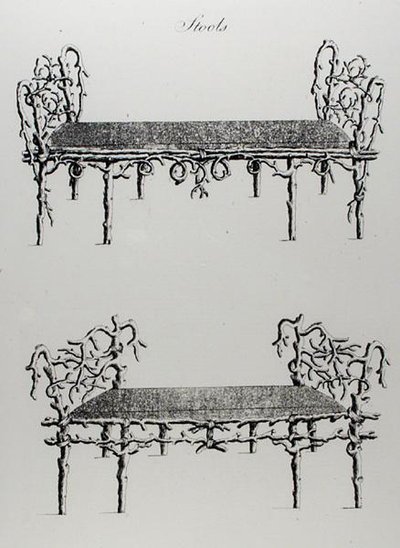 ウィリアム・ライト著『グロテスクな建築、または農村の娯楽』（1768年出版）よりスツール（彫刻）（白黒写真 作： English School