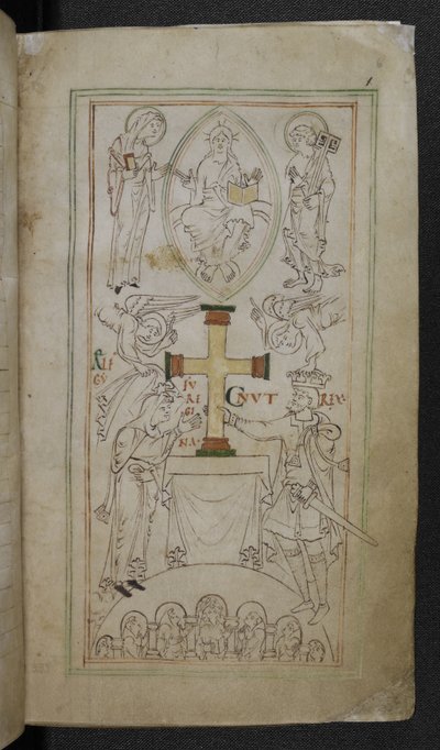 Stowe 944 f.6 クヌート王とその王妃アエルフギフが、新大聖堂の祭壇に十字架を提示している「自由生活」、1031 年頃（羊皮紙にインク） 作： English School