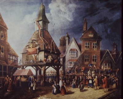 ストラットフォード・オン・エイボン、1769年のシェイクスピア・ジュビリー、ハイ・クロスにて（カラーリトグラフ 作： English School
