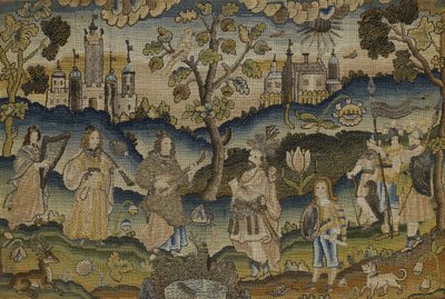 17世紀半ばの庭の木のミュージシャン5人のシーンの切り株（ファブリック） 作： English School