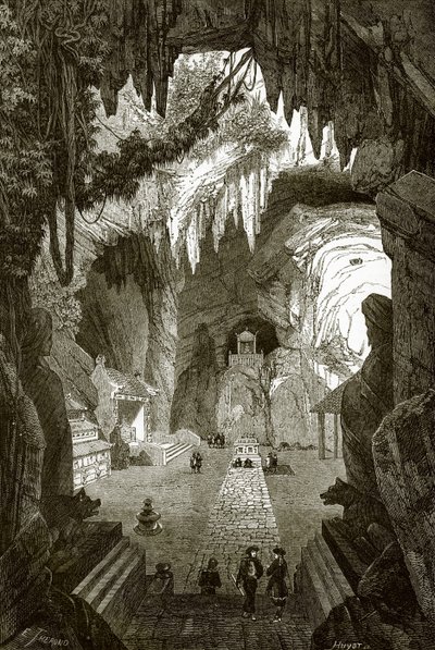 中国コーチンのトゥーレーヌ近くの大理石の岩の地下仏教寺院 作： English School