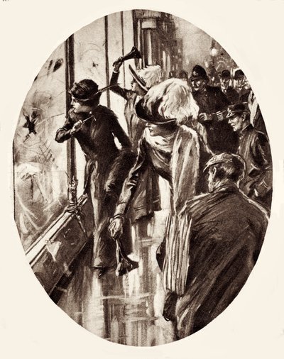 1912年3月、ロンドンで店の窓ガラスを割る女性たちを描いたサフラジェットたち（エングレーヴィング） 作： English School
