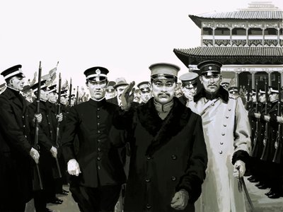 孫は中国に戻り、英雄として迎えられた（紙にガッシュ 作： English School