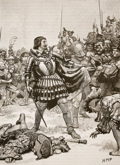 パヴィアの戦場でのフランシスの降伏、カッセルズイラストレイテッドイングランドオブイングランドのイラスト（セピア写真） 作： English School