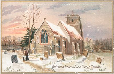 教会の庭で雪を一掃、クリスマスカード 作： English School
