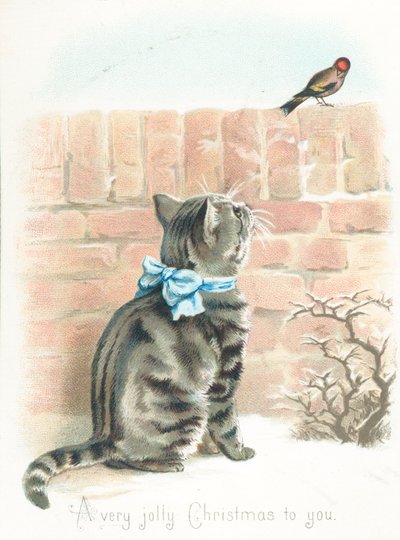 壁にフィンチを見ているトラ猫、クリスマスカード 作： English School