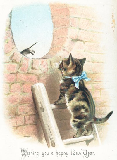 タビーキャット、マウスが逃げるのを見る、年賀状 作： English School