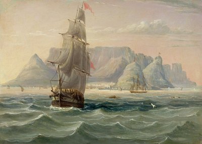 テーブルマウンテン、ケープタウン、海から、1820（カードに油彩） 作： English School