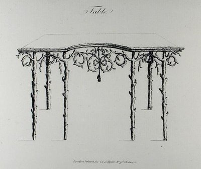 1768年に出版されたウィリアム・ライトの『グロテスクな建築、または農村の娯楽』からのテーブル（彫刻）（白黒写真 作： English School
