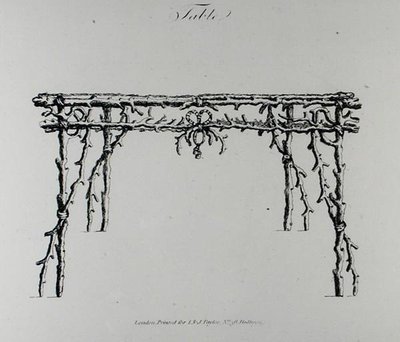 1768年に出版されたウィリアム・ライトの『グロテスクな建築、または農村の娯楽』からのテーブル（彫刻）（白黒写真） 作： English School
