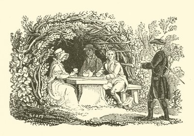 庭園でお茶を飲む（木版画 作： English School