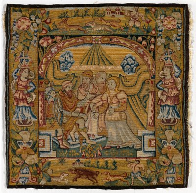 判事の前のスザンナを描いたタペストリー・クッション・カバー、1600年以降、イギリス、シェルドンで制作（ウール） 作： English School