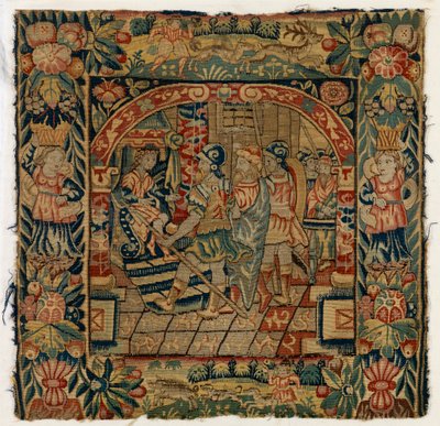 ダニエルの前の長老たち」を描いたタペストリー・クッションカバー、1600年以降、イギリス、シェルドンで制作（ウール） 作： English School