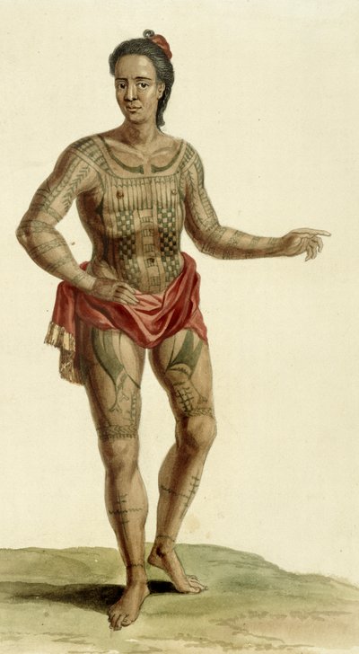 1824年にタトゥーを入れたハワイアンウォリアー 作： English School