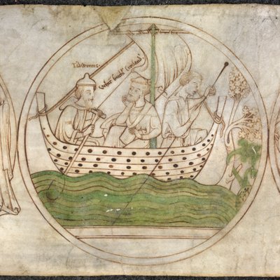Tatwin はボートで Guthlac を Crowland に運ぶ、「Guthlac Roll」c.1210 (ベラム) より 作： English School