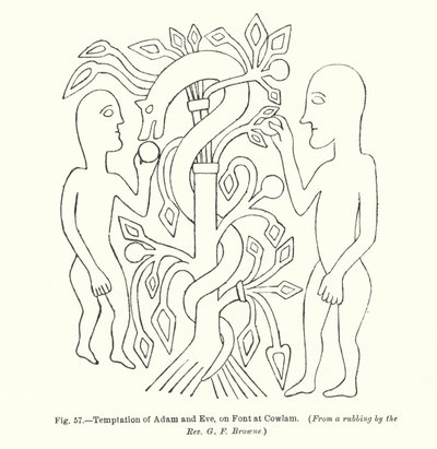 アダムとイブの誘惑、カウラムのフォントに描かれている（エングレーヴィング 作： English School