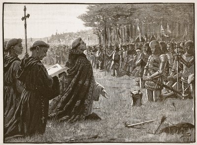 1415年10月25日のアジャンクールの戦いの後のイギリス軍の感謝祭、カッセルズイラストレイテッドイングランドの歴史のイラスト（セピア写真） 作： English School