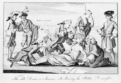 1774年5月1日、ロンドンのマガジンに掲載されたエイブルドクター、またはアメリカの苦いドラフトを飲み込む（ニュースプリント） 作： English School