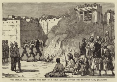 アフガン戦争、ジェラーラバードのペシャワール門の外でガージの暗殺者の遺体を焼く（彫刻 作： English School