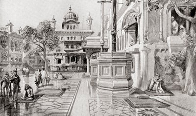 1864年、インド・パンジャーブ州アムリトサルのハルマンディル・サーヒブ（黄金寺院）複合施設、アカル・タクトまたはアカル・ブンガ（1915年発行のハッチンソン著『History of the Nations』より 作： English School