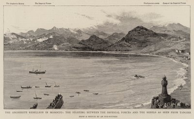 タンジールから見たモロッコ・アンヘリットの反乱、帝国軍と反乱軍の戦闘（版画 作： English School