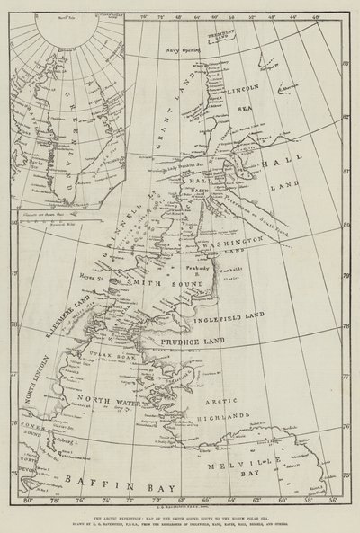 北極探検隊、北極海へのスミス・サウンド・ルートの地図（エングレービング 作： English School
