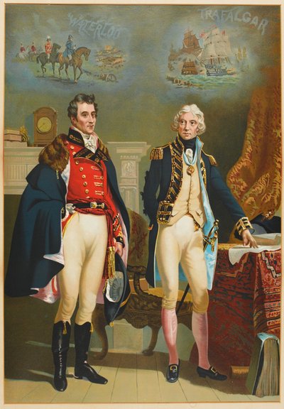 陸軍と海軍は、大司令官、ウェリントン（1769-1852）とネルソン（1758-1805）の間の唯一のインタビューを表しています。1890年頃 作： English School