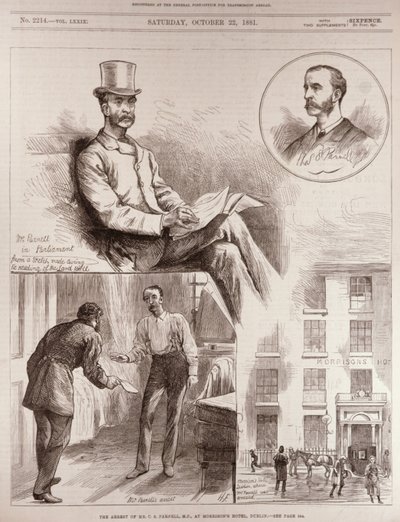1881年10月22日の &39;The Illustrated London News&39;からのダブリンのモリソンズホテルでのCSパーネル議員の逮捕 作： English School