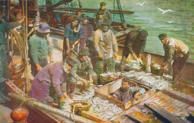 北海漁船の到着、獲物の水揚げ（カラーリトグラフ） 作： English School