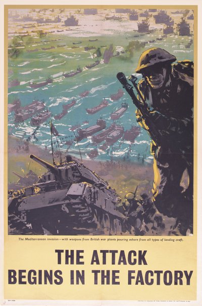 攻撃は工場で始まる、第二次世界大戦のポスター、1943 作： English School