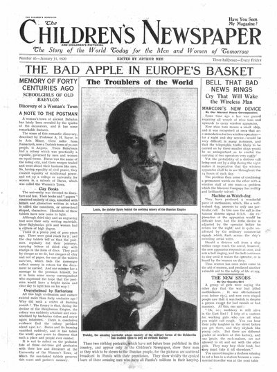 1920年1月に発行された「The Children&39;s Newspaper」のフロントページ、ヨーロッパのバスケットの中のThe Bad Apple（新聞） 作： English School