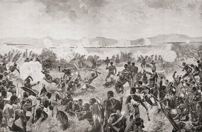 1879年のウルンジの戦い。ズール人の最後の突進と、遠くに見えるイギリスの広場。ルイス・クレスウィック著「南アフリカとトランスヴァール戦争：第1巻」1900年発行（リトグラフ）より。 作： English School