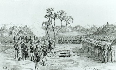 ウィリアムフランシスバトラー将軍による白内障のキャンペーンによる、キルベカンでのアール将軍とエアと大佐の埋葬、1887年発行 作： English School